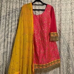 Womens Indian Pakistani Suit Sharara Palazzo Pink Yellow Size 38